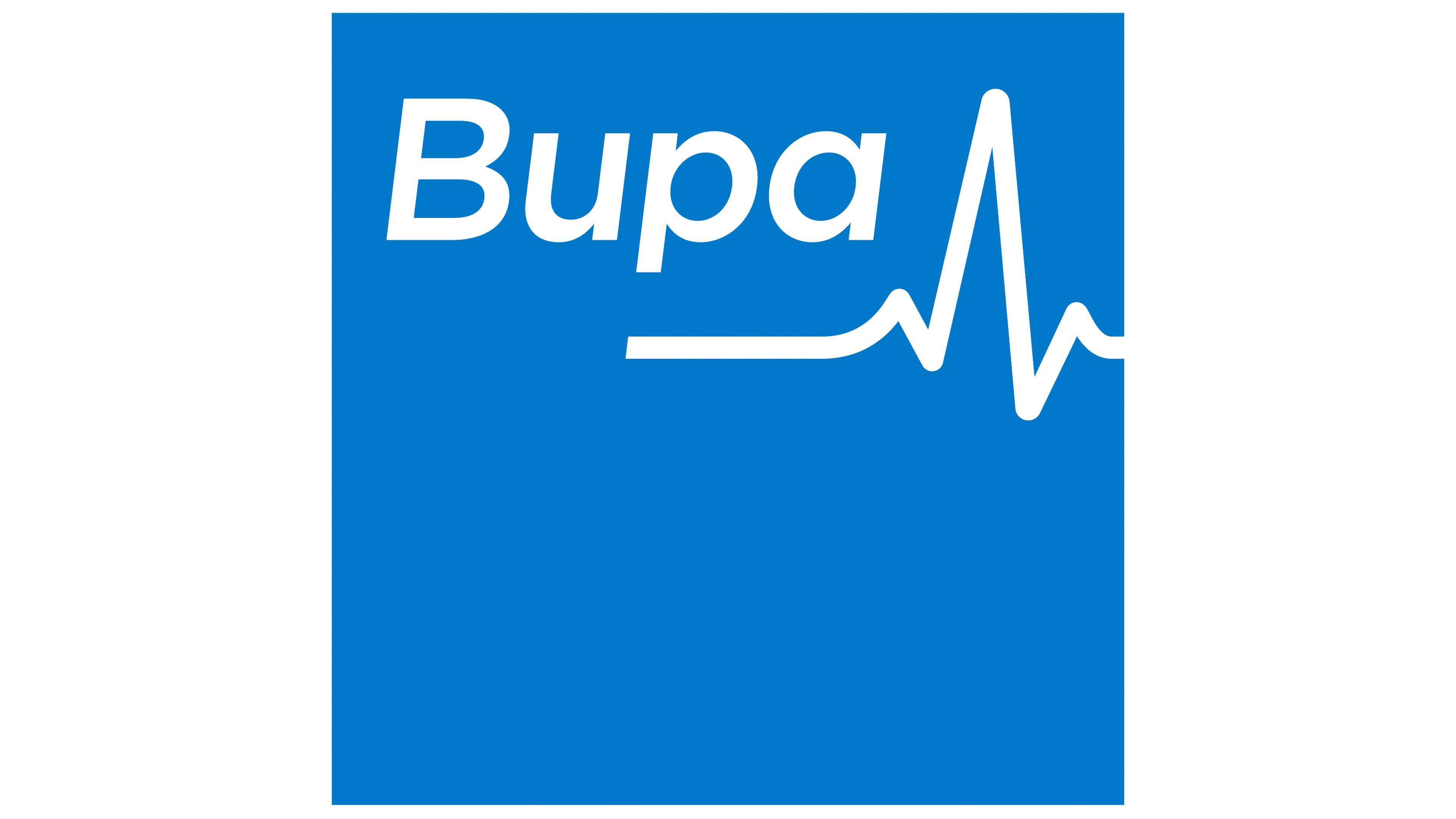 Bupa logo: blue square with white text and heartbeat graphic.
