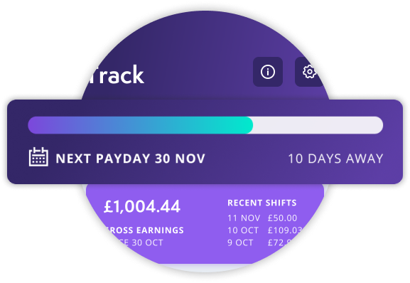 Wagestream app dashboard displaying next payday date, progress bar, total earnings, and recent shift payments.
