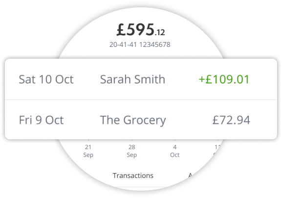 Wagestream app showing account balance, recent transactions, and account number.
