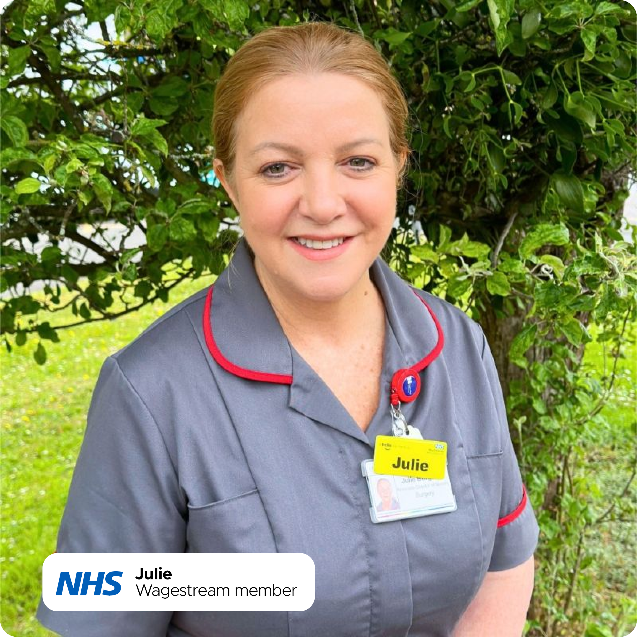 NHS nurse Julie, a Wagestream member, smiles for a portrait.
