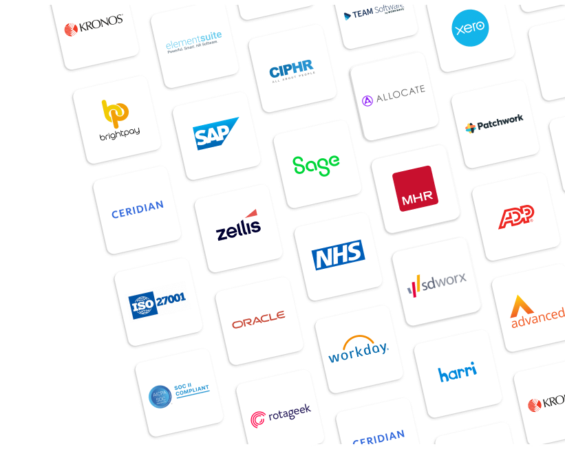 A collage of logos from various payroll and HR software companies.
