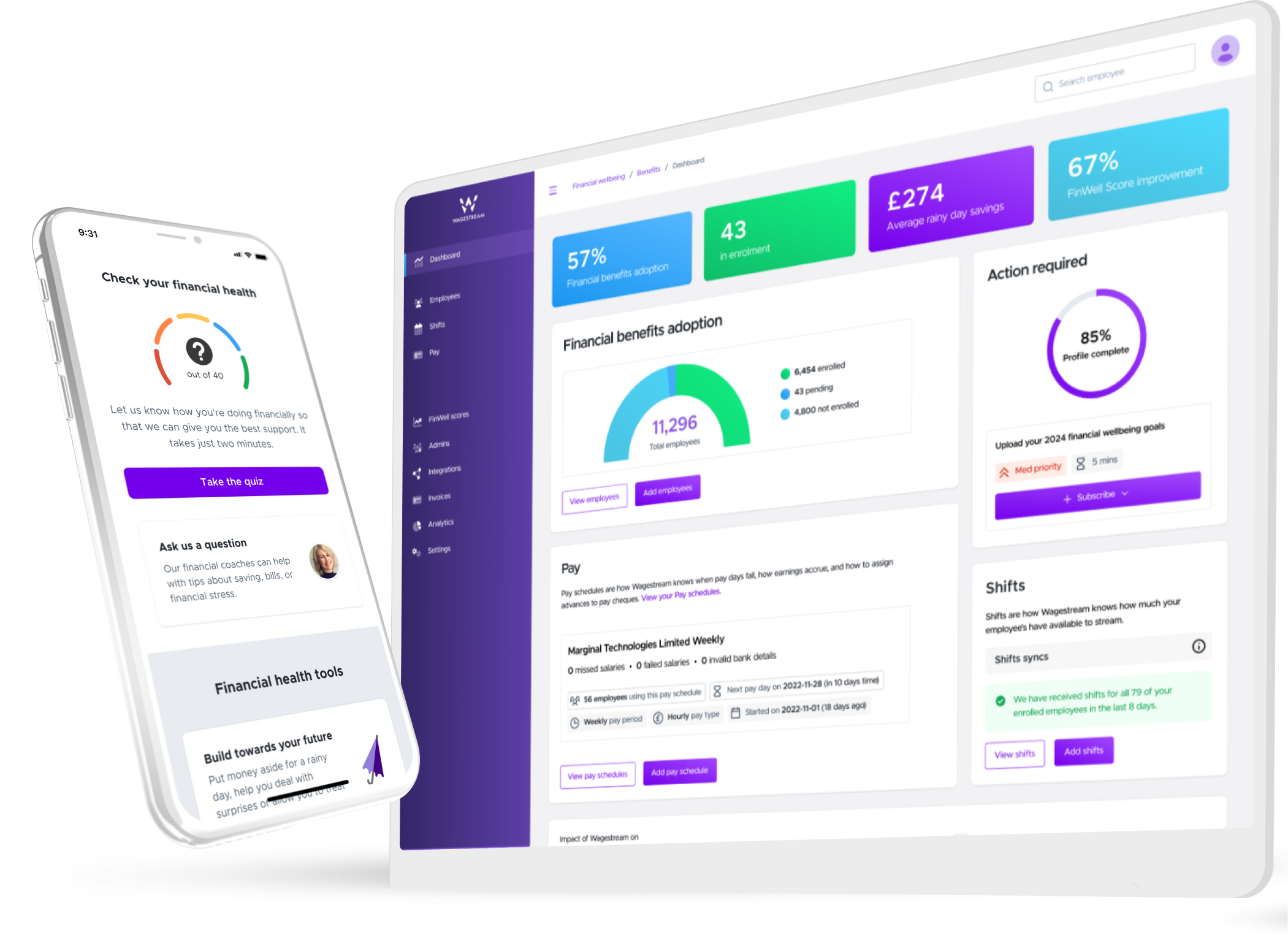 Wagestream dashboard and mobile app showcasing financial wellness features, including financial health quizzes, pay schedules, shift management, and financial wellbeing goals.
