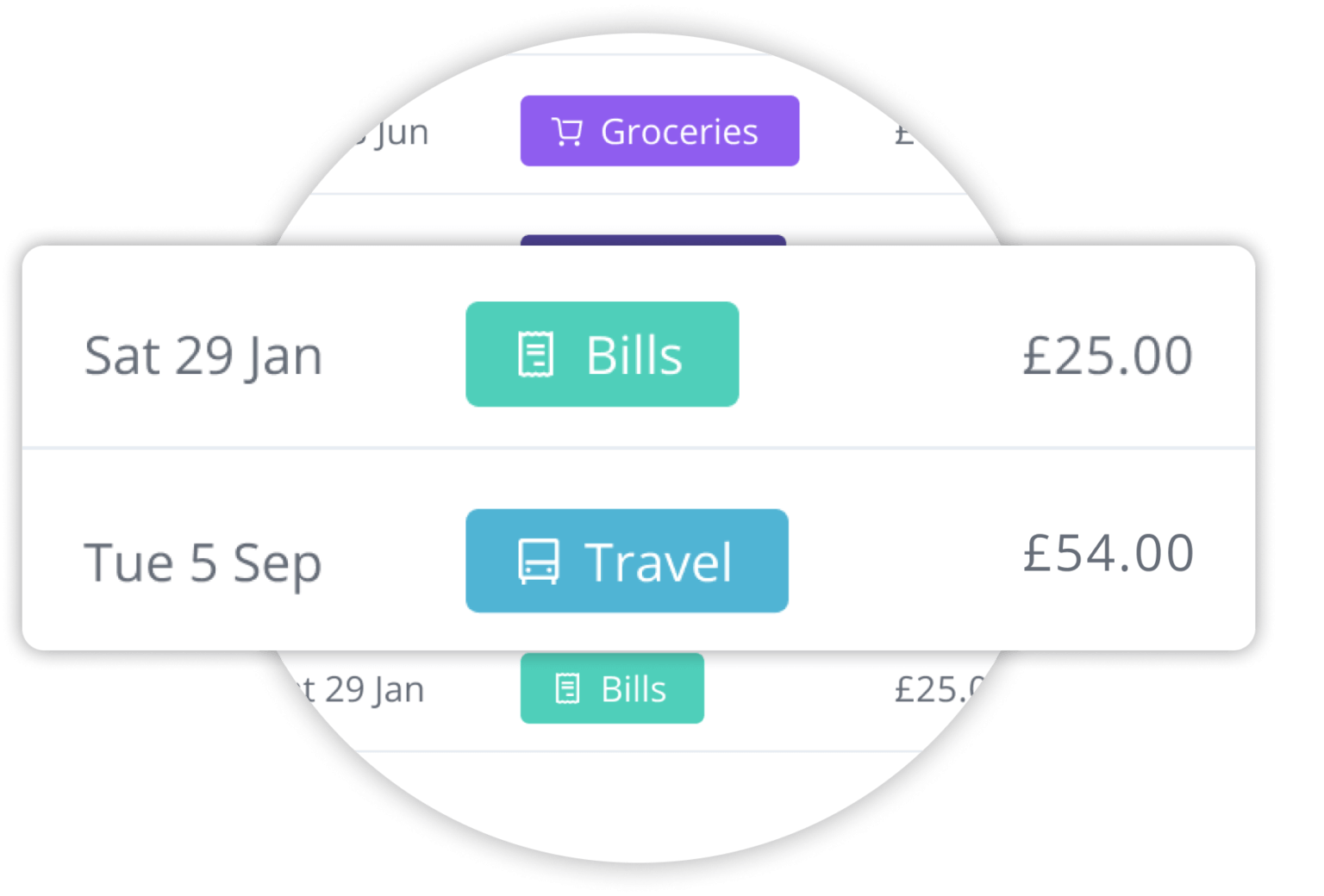 Wagestream app interface showing transaction history with categories for bills and travel.
