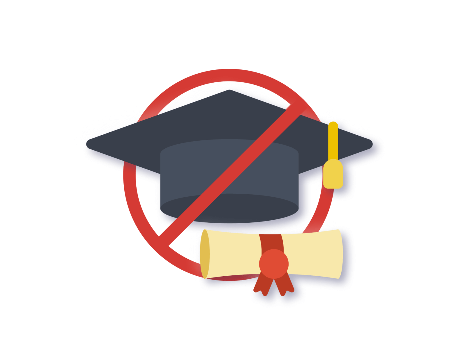 Red circle with a line through a graduation cap and diploma, symbolizing a ban on higher education.
