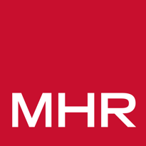 MHR logo on a red background.
