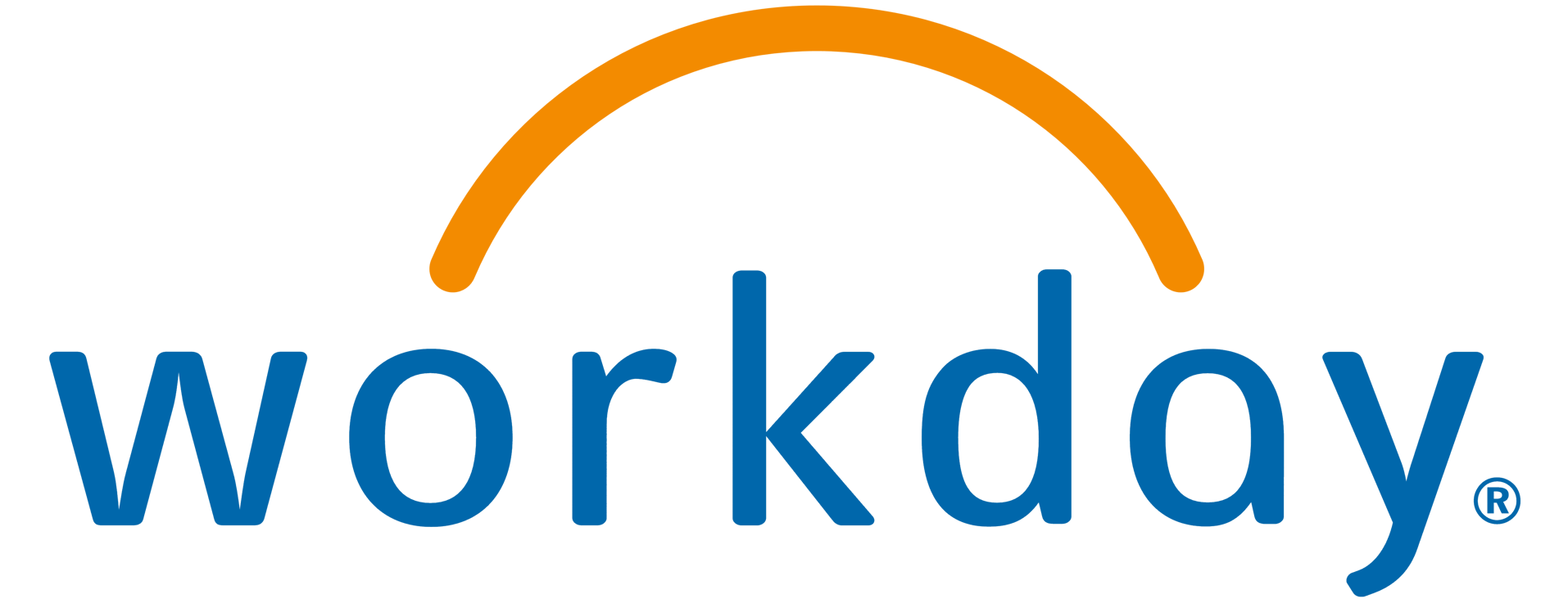 Workday logo featuring a blue wordmark and an orange arc.
