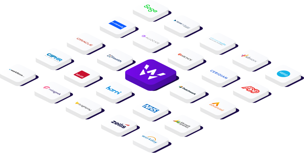 Diagram showing Wagestream's integrations with various payroll and HR software providers.
