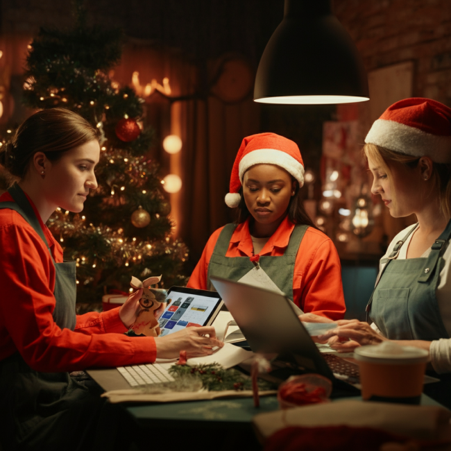 Three women in Santa hats work together on laptops at a table during the Christmas season.
