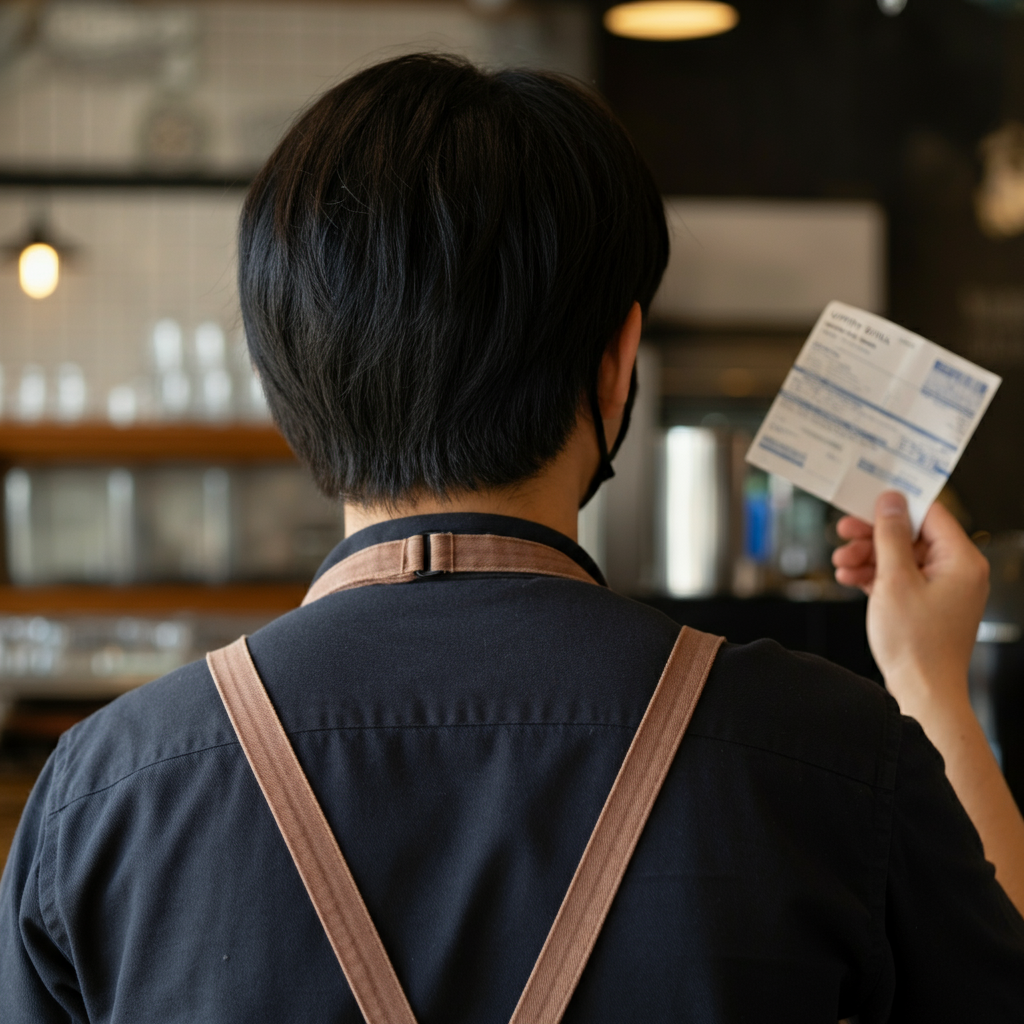 A barista reviews a receipt while wearing a brown apron and a face mask.
