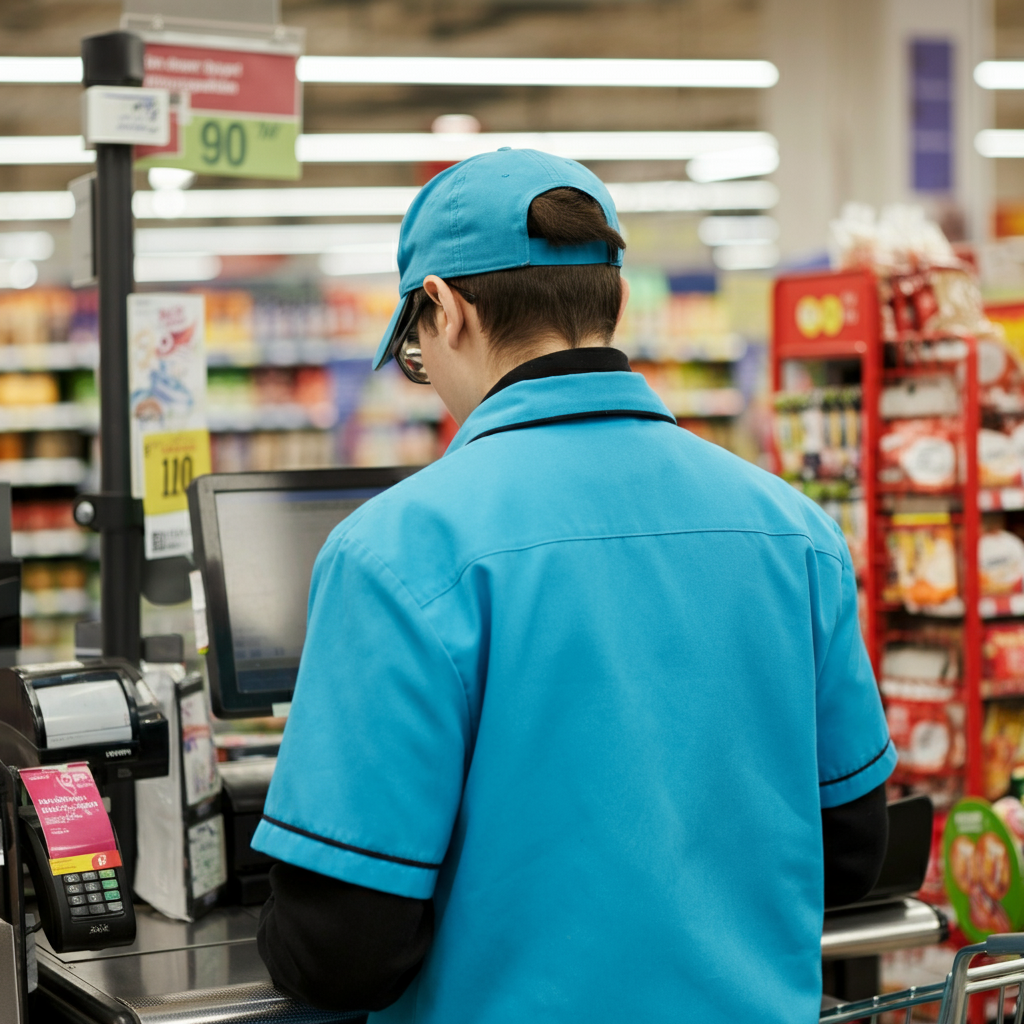 Retail employee using a point-of-sale system in a supermarket.
