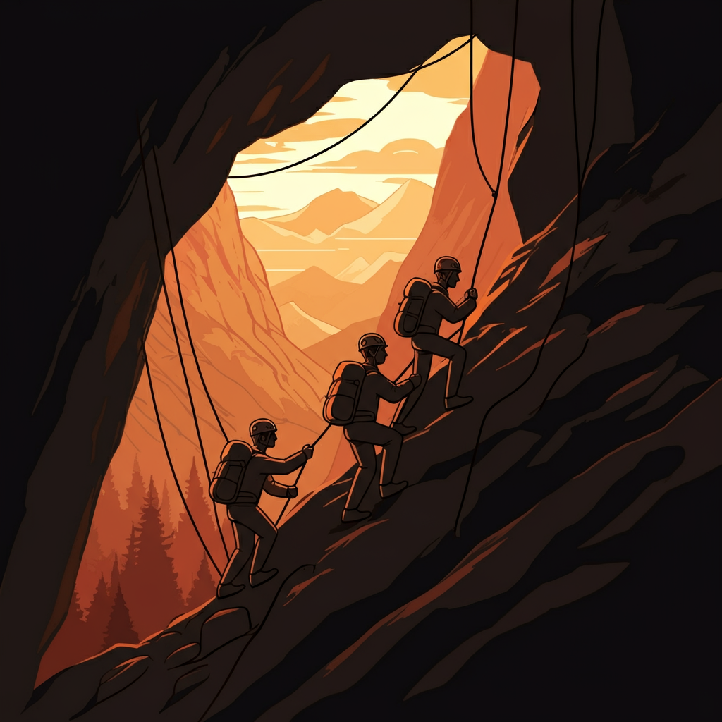 Climbers scaling mountain