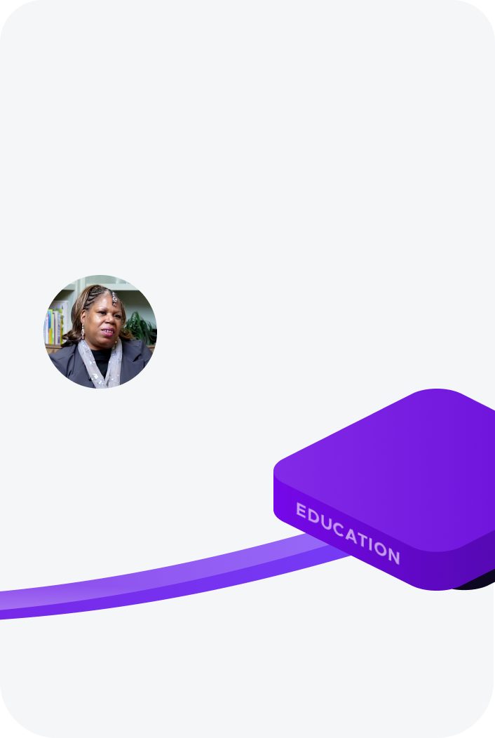 Woman smiling, purple EDUCATION box connected by a purple line to a smaller circular image of the woman.
