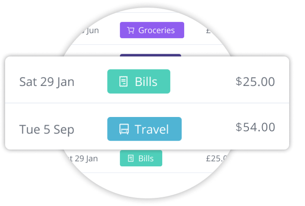 Wagestream app showing a user's transactions categorized by Bills and Travel, with dates and amounts displayed.
