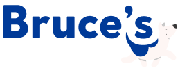 Bruce's logo featuring a playful cartoon dog with a blue patch.
